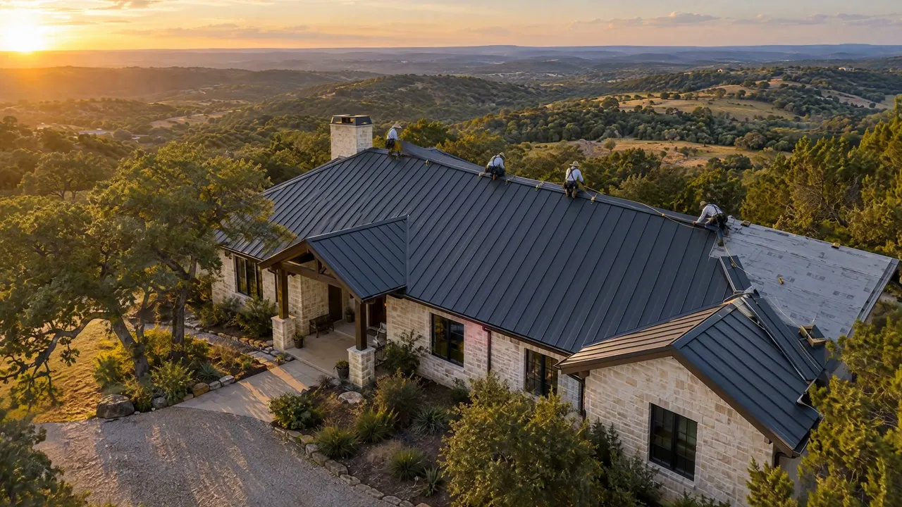 Aerial view at sunset of a limestone house in the hills west of Austin, with four roofers in harnesses installing a charcoal standing-seam metal roof
