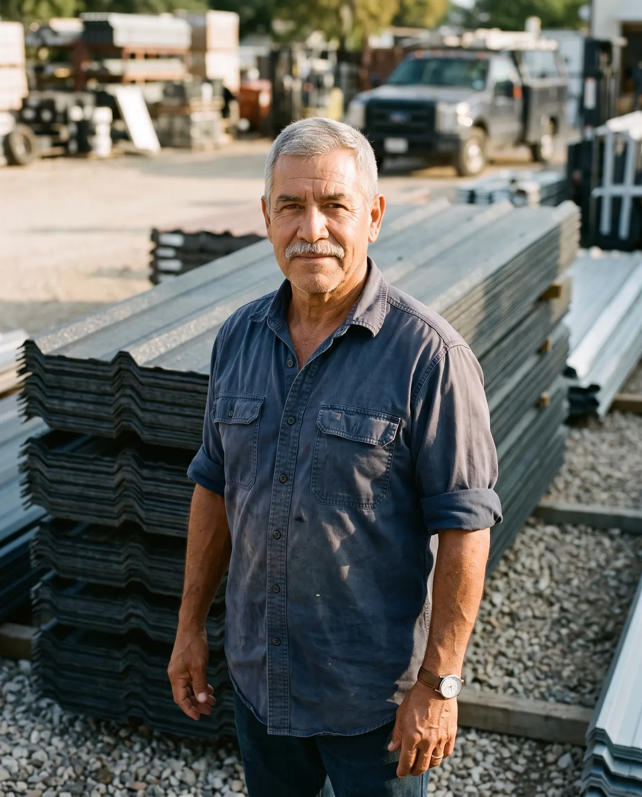Ray Castañeda, founder of Shoal Creek Roofing, in the company yard in front of stacked metal roofing panels